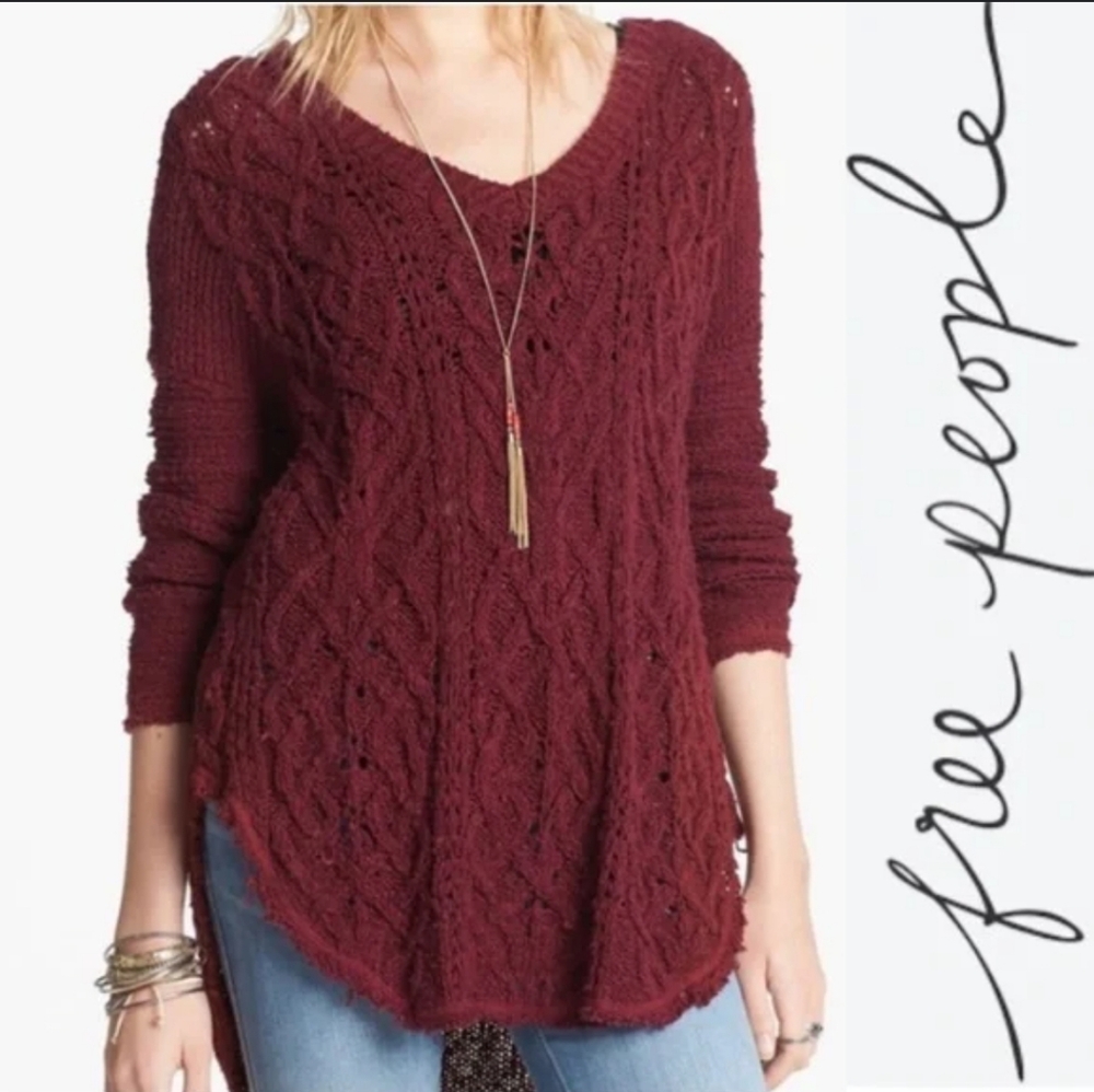 Free People v-neck burgundy knit sweater. Size Small Free People